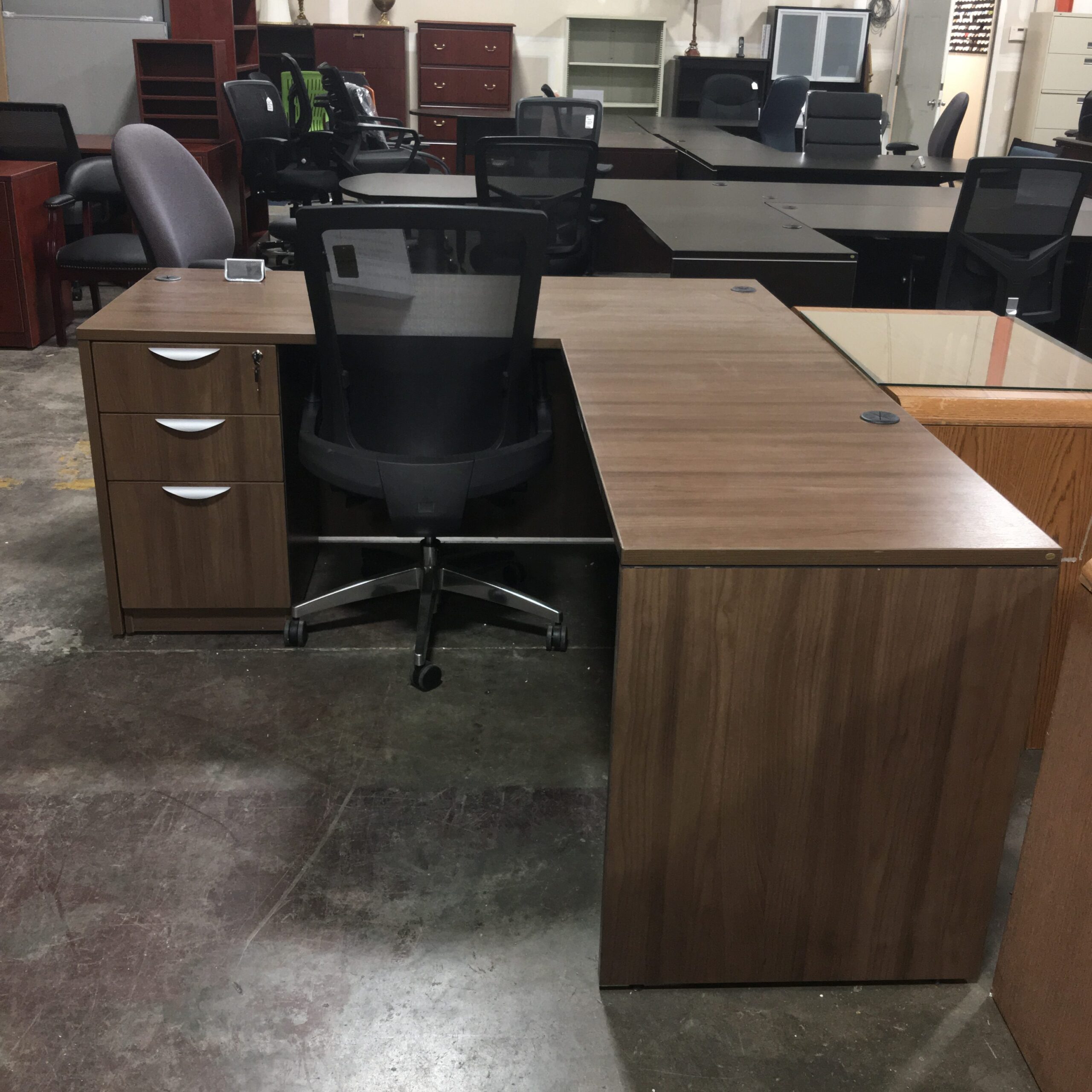 Modern Walnut L Desk, with Deluxe Box-Box-File