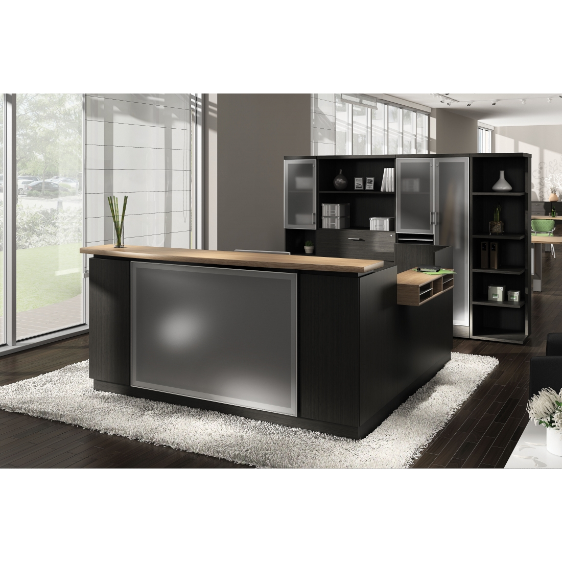 Global Zira Two-Toned Reception Desk with Glass Accents and Custom Storage $13,619