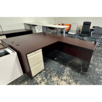 Sold_66" x 71" Mahogany L Desk with Metal Pedestal