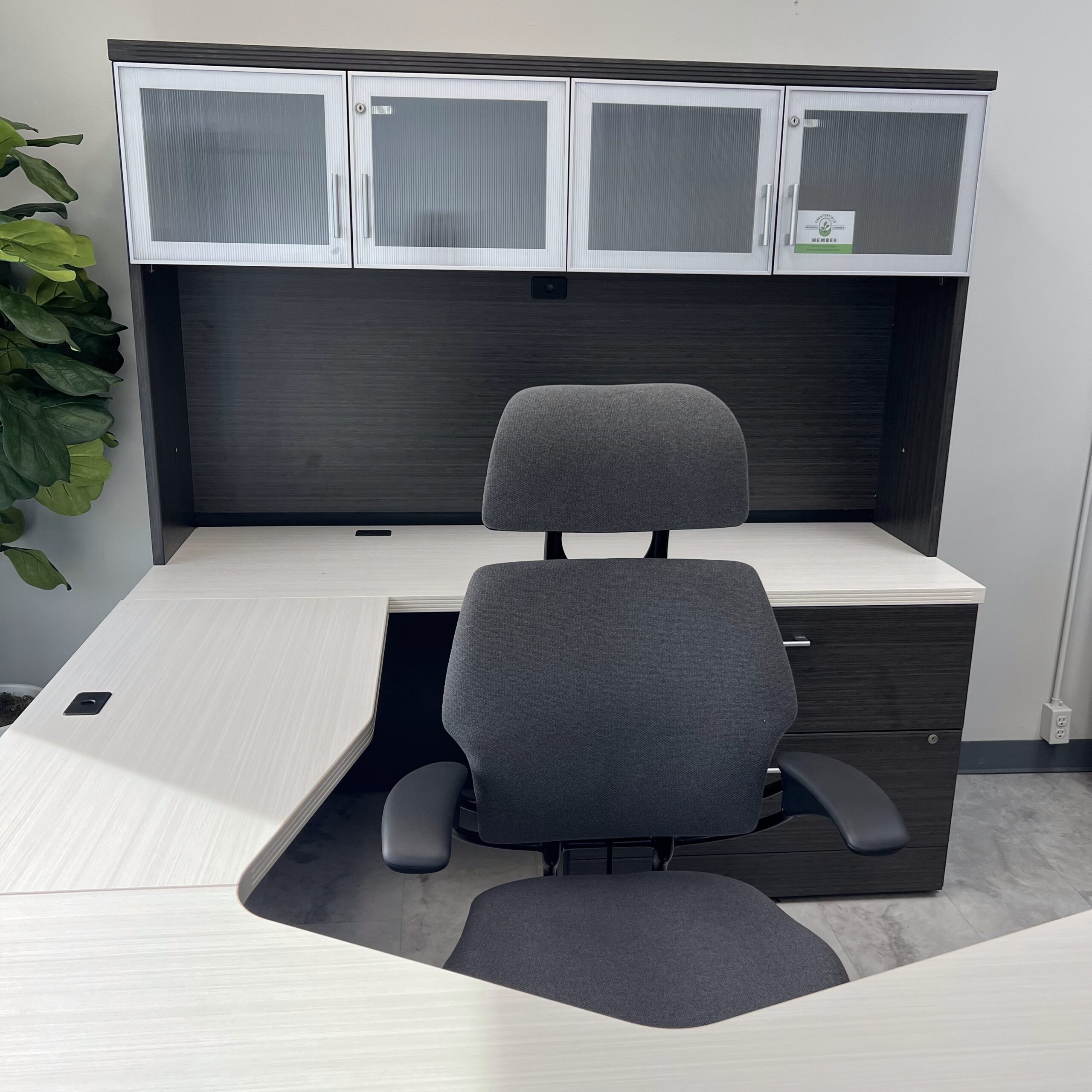Used 8.5' x 6' Global Zira U Desk with Glass Hutch & File Storage - White Chocolate/Asian Night - Image 9